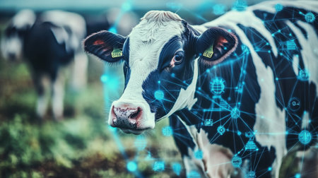 A black and white cow stands in a lush green field, surrounded by futuristic digital network icons symbolizing advanced technology in agriculture and smart farming practices.の素材