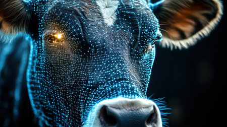 A captivating close-up of a cow with a digital blue dot pattern, symbolizing the intersection of technology and agriculture in modern farming practices and animal welfare initiatives.の素材