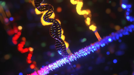 This vibrant abstract image illustrates a DNA double helix surrounded by colorful light effects, creating a captivating representation of genetic structure and scientific exploration.の素材