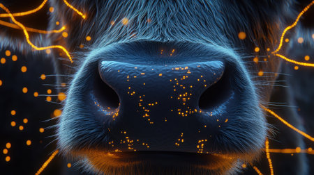 A striking close-up of a cow's nose illuminated by glowing neon particles, merging nature with artistic technology for a unique visual experience.の素材
