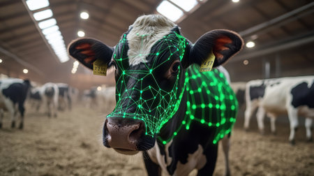 Explore the intersection of technology and agriculture with this image of a digitally enhanced cow, showcasing advancements in livestock monitoring and animal welfare on modern dairy farms.の素材