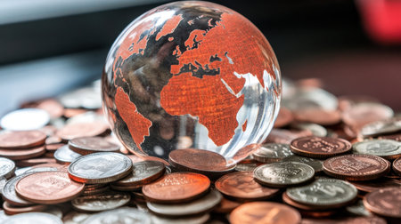 A crystal-clear globe displaying Europe and Africa rests atop a mix of coins, representing the intersection of global finance and economic growth.の素材