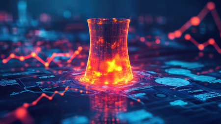 A digital illustration showcasing a nuclear power plant with vibrant glowing elements and complex data visualizations, symbolizing innovation and energy production.の素材