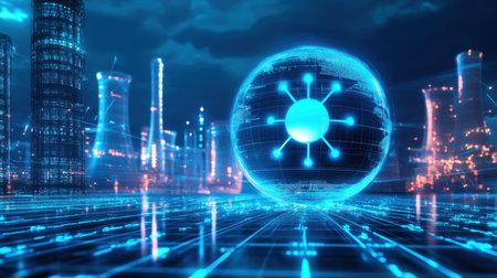 Explore a stunning digital sphere representing technology amid a vibrant cyberpunk city skyline at night, featuring electric lights and intricate network connections.の素材