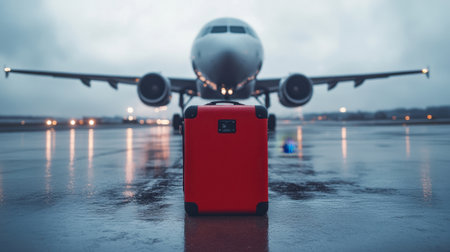 A striking red suitcase in focus against a blurred airplane in the background, capturing the essence of travel, adventure, and anticipation amid a rainy airport scene.の素材