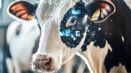 This image illustrates a smart cow enhanced with technology and data visualization, representing advancements in dairy farming and the integration of innovation in livestock management.の素材
