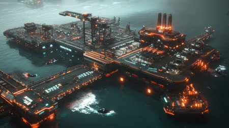 Aerial view of a futuristic offshore oil platform at night, featuring neon lights and a reflective water surface, set in a foggy atmosphere, highlighting advanced industrial technology.の素材