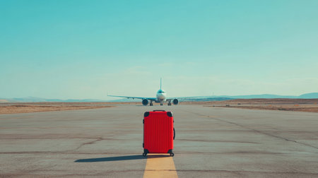 A vibrant red suitcase stands alone on an airport runway, capturing a moment of anticipation as an airplane flies in the distance under a clear sky. Perfect for travel themes.の素材