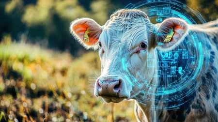 This image depicts a close-up view of a cow enhanced with digital graphics, showcasing the blend of technology and agriculture that revolutionizes livestock management and farming practices.の素材
