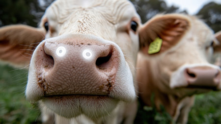 A captivating close-up image of cows showcasing their curious expressions, set in a lush green pasture. The natural light enhances their features and surroundings.の素材