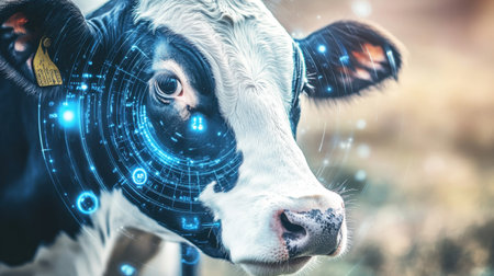 A high-tech dairy cow depicted with augmented reality features, representing the merging of agriculture and technology for modern farming practices and sustainable solutions.の素材