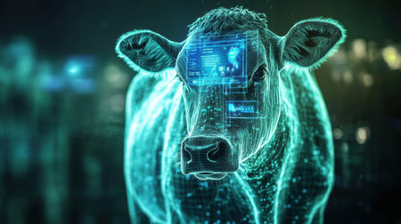 A futuristic representation of a cow integrated with advanced digital technology, symbolizing the convergence of agriculture and innovation for sustainable farming solutions.の素材