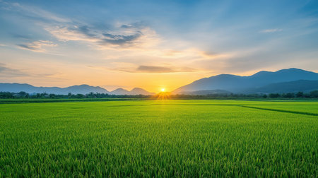 A breathtaking view of lush green rice fields during sunset, framed by beautiful mountains and a vibrant sky, showcasing the serenity of natureの素材
