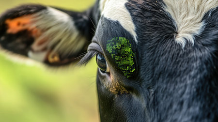 This striking image features a close-up of a cow's eye embellished with an unusual green pattern on its head, showcasing the beauty of farm life and animal details.の素材