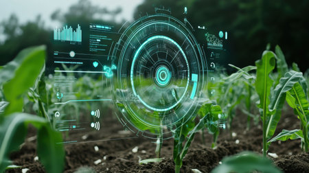 A captivating view of a digital interface overlaying a corn field illustrates the integration of technology in agriculture, emphasizing precision farming and sustainable practices.の素材