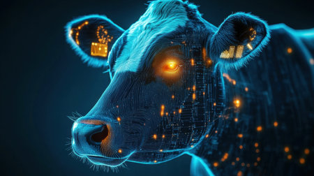 This striking image of a digital cow illustrates the future of agriculture, merging traditional farming with cutting-edge technology and vibrant neon aesthetics for a modern look.の素材