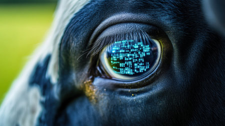 A striking close-up of a cow's eye showcasing a digital data reflection, symbolizing the intersection of agriculture with technology in contemporary farming methods.の素材