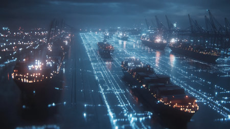 A stunning futuristic nighttime scene of a bustling port filled with illuminated container ships and cranes, highlighting the dynamic world of maritime trade and logistics operations.の素材