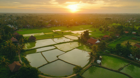 Experience the beauty of a vibrant sunrise over expansive rice paddies, showcasing lush green fields and peaceful rural landscapes filled with natural serenity.の素材