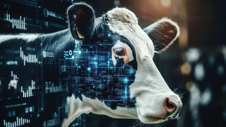 A striking image of a cow with a digital interface, representing the integration of technology in agriculture and leading advancements toward sustainable livestock management.の素材