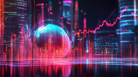 This stunning digital artwork represents a futuristic cityscape with vibrant neon colors, capturing finance trends through glowing data visualizations and spherical elements.の素材