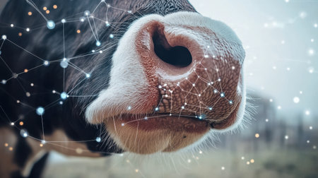 This captivating close-up of a cow's nose showcases the blend of agriculture and technology, symbolizing modern innovations in farming and animal science through a digital lens.の素材