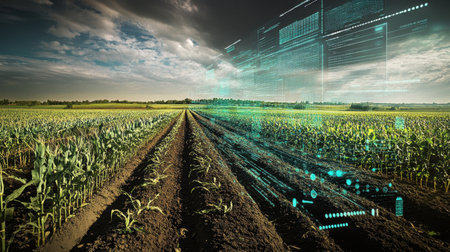 Expansive farmer view showcasing rows of crops under a dynamic sky. Overlaid digital elements visualize data analysis and technological advancements in modern agriculture.の素材