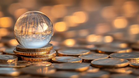A crystal sphere rests on stacks of coins, reflecting soft golden light and creating an enchanting atmosphere that symbolizes wealth and investment opportunities.の素材