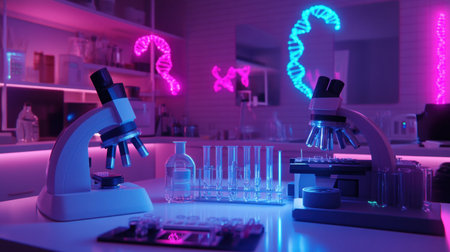 A vibrant laboratory scene featuring microscopes and glass test tubes illuminated by neon lights, showcasing a captivating blend of scientific research and modern design elements.の素材