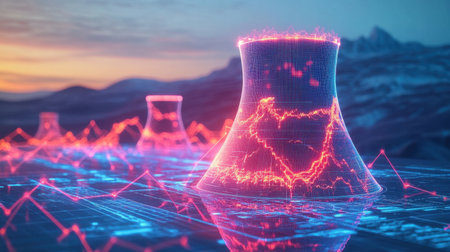 A vibrant and abstract depiction of nuclear power generation, featuring neon energy pulses and digital elements in a breathtaking natural landscape, illustrating technological advancement.の素材
