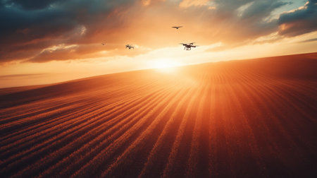 Beautiful aerial scene featuring drones in flight over a vast agricultural field at sunset, creating a striking contrast against the colorful sky and textured land.の素材