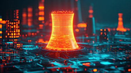 A mesmerizing illustration of a glowing industrial cooling tower surrounded by vibrant neon elements, showcasing a futuristic cityscape in a digital universe during nighttime.の素材