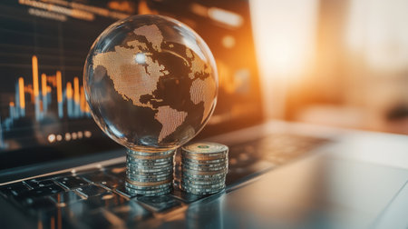 A stunning image of a transparent globe, stacks of coins, and financial graphs on a laptop, representing the essence of global finance and modern investment strategies in the digital age.の素材