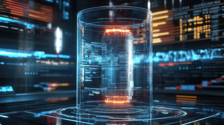 A sleek, futuristic data storage cylinder sits in a high-tech environment, surrounded by glowing digital interfaces and advanced technology graphics, representing innovation and modern design.の素材