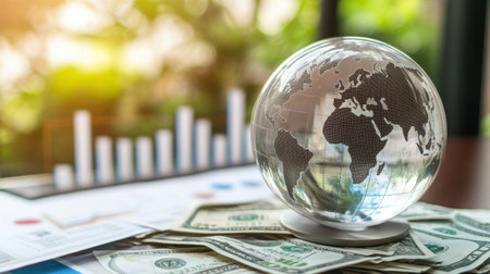 A captivating image showcasing a clear glass globe symbolizing the global finance landscape, accompanied by cash and financial charts, ideal for business content.の素材