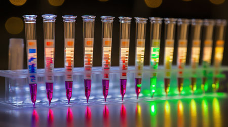 An array of illuminated test tubes in a laboratory, highlighting colorful liquids and symbolizing advancements in scientific research and experimentation.の素材