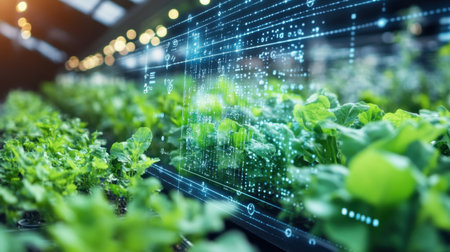 Explore modern agriculture with lush green lettuce plants enhanced by digital data overlay, symbolizing the future of efficient and sustainable farming practices.の素材