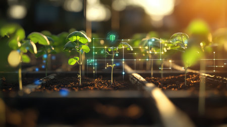 Lush green seedlings thrive in nutrient-rich soil, with digital data overlays demonstrating the integration of technology in modern agriculture for effective growth monitoring.の素材