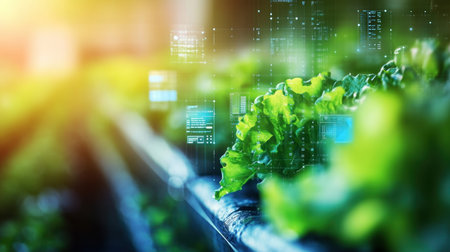 Experience the convergence of technology and farming in a hydroponic environment with vibrant lettuce, highlighting smart agriculture's role in sustainable food production.の素材