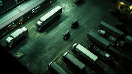 This aerial image captures a darkened cargo yard filled with parked trucks, exemplifying the nighttime logistics and transport industry operations in urban settings.の素材