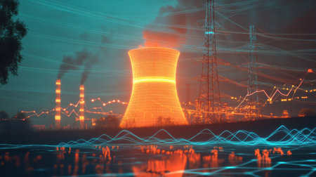 A stunning representation of a futuristic power plant at dusk, featuring a luminous cooling tower, energy grid, and industrial landscape, merging technology with nature in vibrant hues.の素材