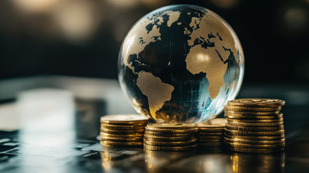 This captivating image features a glass globe resting on stacks of golden coins, symbolizing global finance, wealth, and economic growth in a dynamic market environment.の素材
