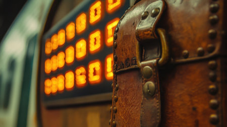 A close-up of a vintage leather suitcase rests near a train station display, highlighting departure times and evoking a sense of nostalgia for travel and adventure in urban settings.の素材