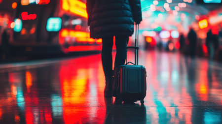 A traveler walks through an illuminated airport terminal, dragging a suitcase behind, surrounded by colorful lights and reflections, capturing the spirit of adventure and exploration.の素材