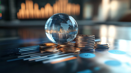 A striking composition featuring a glass globe that symbolizes global finance, complemented by coins and a blurred digital backdrop of financial data, revealing market dynamics.の素材