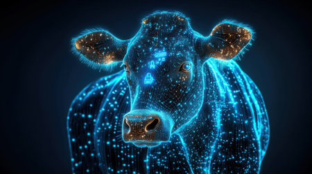 A glowing digital representation of a cow, symbolizing the intersection of technology and agriculture, emphasizes innovation in livestock management and sustainability efforts.の素材
