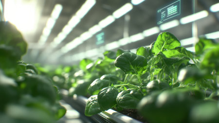 A stunning view of spinach plants thriving in a modern indoor farm, showcasing advanced agricultural techniques and technology in a futuristic greenhouse setting.の素材