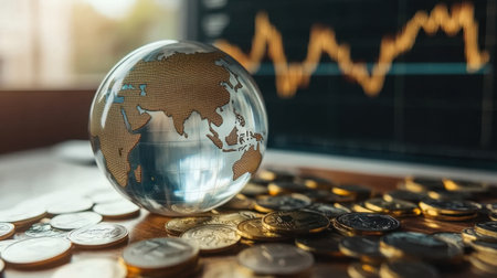A crystal globe sits on a bed of coins, illustrating the interconnectedness of global finance while a graph in the background shows market fluctuations and trends.の素材