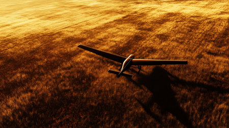 This stunning aerial photograph features a lone airplane resting on a golden field during sunset, creating a captivating blend of colors and serene atmosphere ideal for travel and aviation themes.の素材