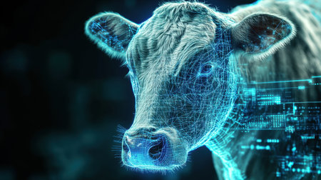 This image depicts a digital representation of a cow, merging agricultural themes with futuristic technology, showcasing the intersection of farming and innovation in a visually striking manner.の素材